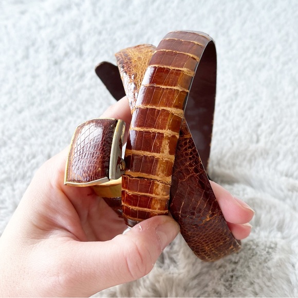 VINTAGE Brown Reptile Leather Belt Size 40 - Picture 2 of 8